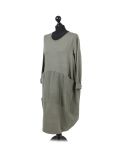Italian Plain Front Pockets Quirky Cotton Lagenlook Dress-Khaki side