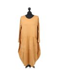 Italian Plain Front Pockets Quirky Cotton Lagenlook Dress-Mustard