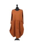 Italian Plain Front Pockets Quirky Cotton Lagenlook Dress-Rust