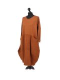 Italian Plain Front Pockets Quirky Cotton Lagenlook Dress-Rust side