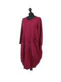 Italian Plain Front Pockets Quirky Cotton Lagenlook Dress-Wine side
