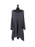 Italian Plain Front Pockets Cowl Neck Hooded Knitted Tunic Top-Charcoal