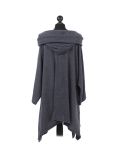 Italian Plain Front Pockets Cowl Neck Hooded Knitted Tunic Top-Charcoal back