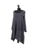 Italian Plain Front Pockets Cowl Neck Hooded Knitted Tunic Top-Charcoal side