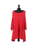 Italian Plain Front Pockets Cowl Neck Hooded Knitted Tunic Top-Coral