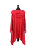Italian Plain Front Pockets Cowl Neck Hooded Knitted Tunic Top-Coral back