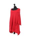 Italian Plain Front Pockets Cowl Neck Hooded Knitted Tunic Top-Coral side