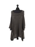 Italian Plain Front Pockets Cowl Neck Hooded Knitted Tunic Top-Khaki