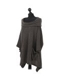 Italian Plain Front Pockets Cowl Neck Hooded Knitted Tunic Top-Khaki side