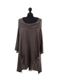 Italian Plain Front Pockets Cowl Neck Hooded Knitted Tunic Top-mocha