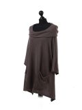 Italian Plain Front Pockets Cowl Neck Hooded Knitted Tunic Top-mocha side