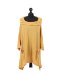 Italian Plain Front Pockets Cowl Neck Hooded Knitted Tunic Top-Mustard