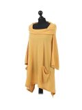 Italian Plain Front Pockets Cowl Neck Hooded Knitted Tunic Top-Mustard side