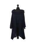 Italian Plain Front Pockets Cowl Neck Hooded Knitted Tunic Top-Navy