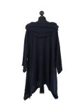 Italian Plain Front Pockets Cowl Neck Hooded Knitted Tunic Top-navy back