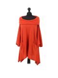 Italian Plain Front Pockets Cowl Neck Hooded Knitted Tunic Top-Orange