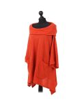 Italian Plain Front Pockets Cowl Neck Hooded Knitted Tunic Top-Orange side