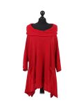 Italian Plain Front Pockets Cowl Neck Hooded Knitted Tunic Top-Red