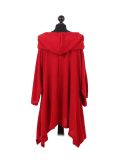 Italian Plain Front Pockets Cowl Neck Hooded Knitted Tunic Top-Red back