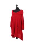 Italian Plain Front Pockets Cowl Neck Hooded Knitted Tunic Top-Red side