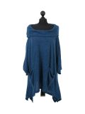 Italian Plain Front Pockets Cowl Neck Hooded Knitted Tunic Top-Teal