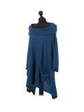 Italian Plain Front Pockets Cowl Neck Hooded Knitted Tunic Top-teal side