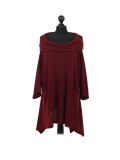 Italian Plain Front Pockets Cowl Neck Hooded Knitted Tunic Top-Wine