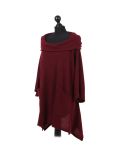 Italian Plain Front Pockets Cowl Neck Hooded Knitted Tunic Top-Wine side