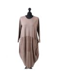 Italian Plain Front Pockets Quirky Cotton Cord Panel Cocoon Dress-Mocha