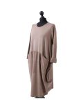 Italian Plain Front Pockets Quirky Cotton Cord Panel Cocoon Dress-Mocha side