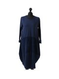 Italian Plain Front Pockets Quirky Cotton Cord Panel Cocoon Dress-navy