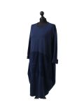 Italian Plain Front Pockets Quirky Cotton Cord Panel Cocoon Dress-navy side