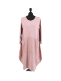 Italian Plain Front Pockets Quirky Cotton Cord Panel Cocoon Dress-Pink