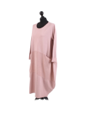 Italian Plain Front Pockets Quirky Cotton Cord Panel Cocoon Dress-Pink side