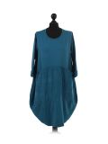 Italian Plain Front Pockets Quirky Cotton Lagenlook Dress-Teal