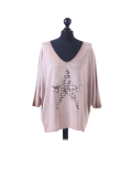 Italian Plain Frontside Glittery Star Batwing Knitted Lagenlook Top-Camel