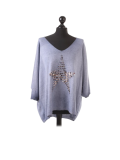 Italian Plain Frontside Glittery Star Batwing Knitted Lagenlook Top-Denim