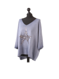 Italian Plain Frontside Glittery Star Batwing Knitted Lagenlook Top-Denim side
