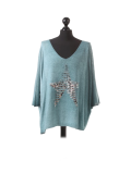 Italian Plain Frontside Glittery Star Batwing Knitted Lagenlook Top-Green