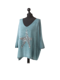 Italian Plain Frontside Glittery Star Batwing Knitted Lagenlook Top-Green side