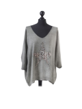 Italian Plain Frontside Glittery Star Batwing Knitted Lagenlook Top-Khaki