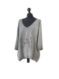 Italian Plain Frontside Glittery Star Batwing Knitted Lagenlook Top-Khaki side