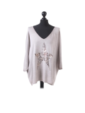 Italian Plain Frontside Glittery Star Batwing Knitted Lagenlook Top-Mocha