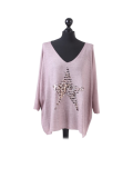 Italian Plain Frontside Glittery Star Batwing Knitted Lagenlook Top-Pink