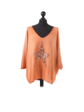 Italian Plain Frontside Glittery Star Batwing Knitted Lagenlook Top-Rust