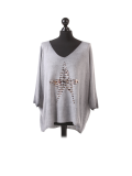 Italian Plain Frontside Glittery Star Batwing Knitted Lagenlook Top-Silver
