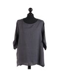 Italian Plain Plus Size Linen Crop Lagenlook Top-Charcoal