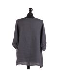Italian Plain Plus Size Linen Crop Lagenlook Top-Charcoal back