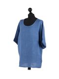 Italian Plain Plus Size Linen Crop Lagenlook Top-Denim side