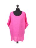 Italian Plain Plus Size Linen Crop Lagenlook Top-Fuchsia